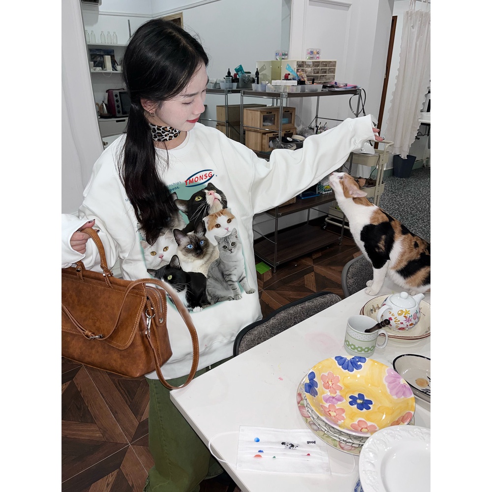 EUNII Sweater Lengan Panjang Cute Cat Korean Style/Hoodie Oversize/Baju Wanita/Switer Wanita