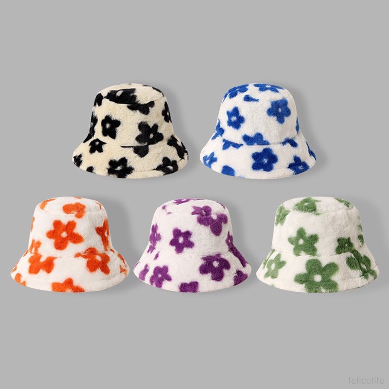 Topi Bucket Motif Bunga Bahan Bulu Imitasi Tebal Hangat Gaya Retro Untuk Wanita