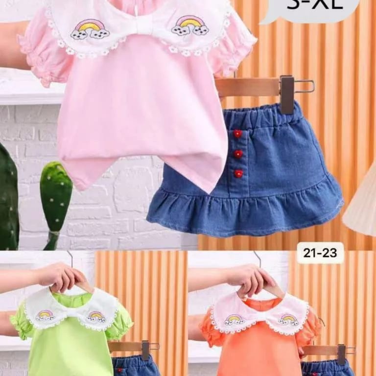 Setelan Baju Anak Rok Jeans Usia 1 - 3 Tahun Baju Anak Perempuan Set Atasan dan Rok Jeans IMPORT