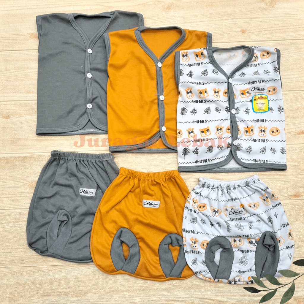 Paket Lahiran 18Pcs, Setelan Baju Bayi Baru Lahir Kekinian Motif Animal kombinasi warna Abu dan Mustard Baby Gift Set - Juragan Lebak