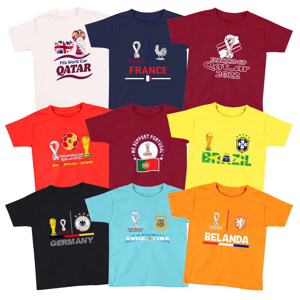 Kaos Couple Anak Piala Dunia Qatar FIFA WORLD CUP Kaos Brazil Kaos France Kaos Jerman Germany Kaos Argentina Kaos Belanda Kaos Inggris Kaos Portugal Kaos Spanyol Kaos World Cup Qatar Gudang Kaos Termurah satuan Lusinan - Sign Cloth