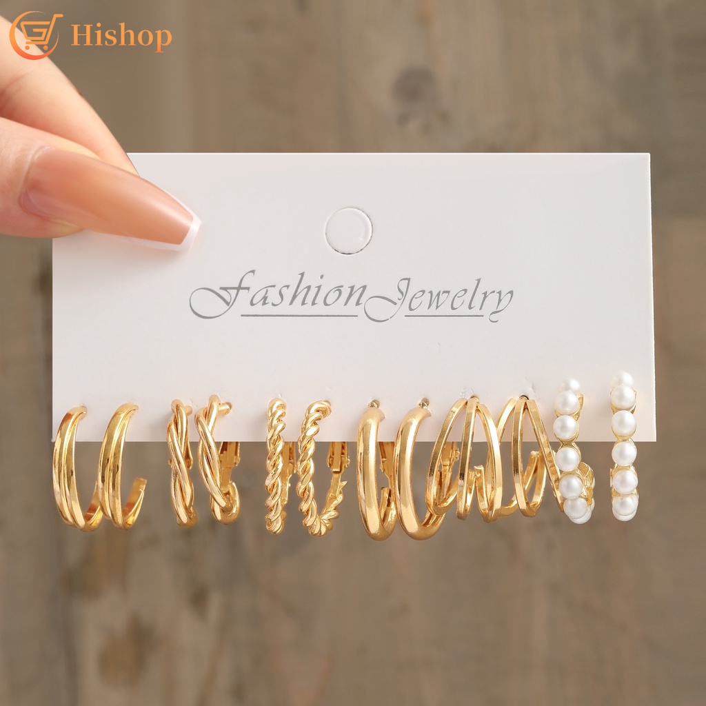 6 Pasang / Set Anting Hoop Tiga Lapis Warna Emas Aksen Mutiara Gaya Retro Untuk Wanita