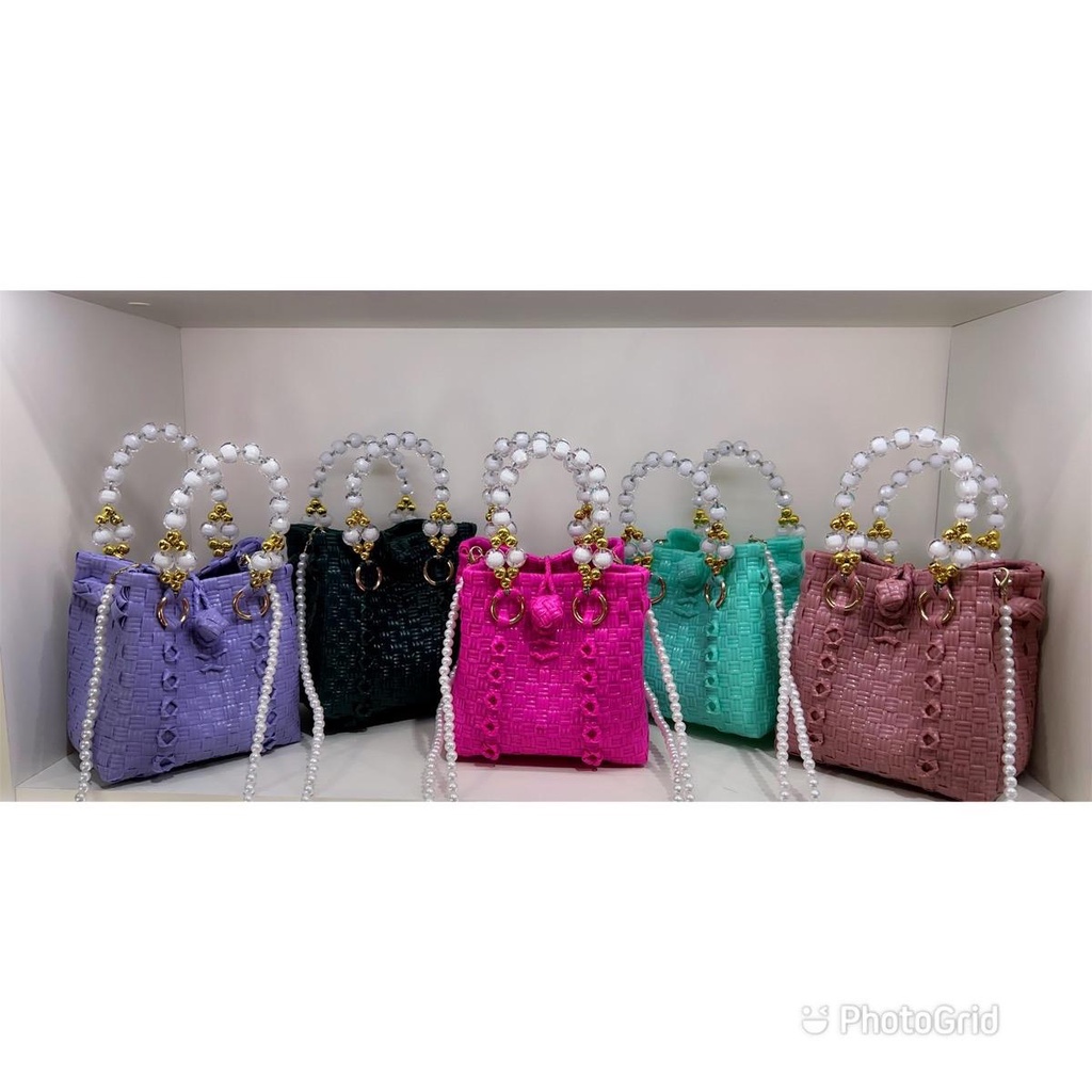 (TANPA ACCESORIES) BABY SULTAN Tas Jali Jaly Tas Anyaman Plastik Premium Mini Handle Mutiara Premium