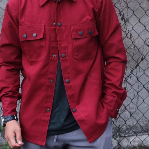 Jaket semi parka pria hijau army kemeja semi parka polos casual - maroon, M