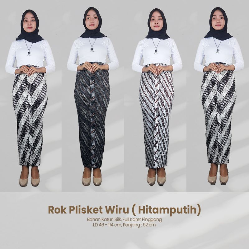 Rok Plisket Wiru Batik Hitam Putih Bahan Satin Silk All Size