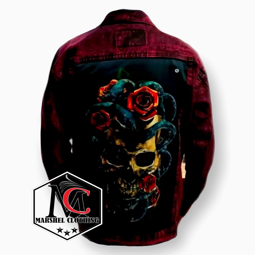 RCL - Jaket Jeans Printing Sanwash Maroon Gambar Ghost Flowers