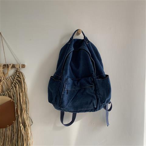 ∏❁♀Sera vintage washed denim backpack Tas sekolah siswa Korea berkapasitas besar denim ransel sederhana dan serbaguna