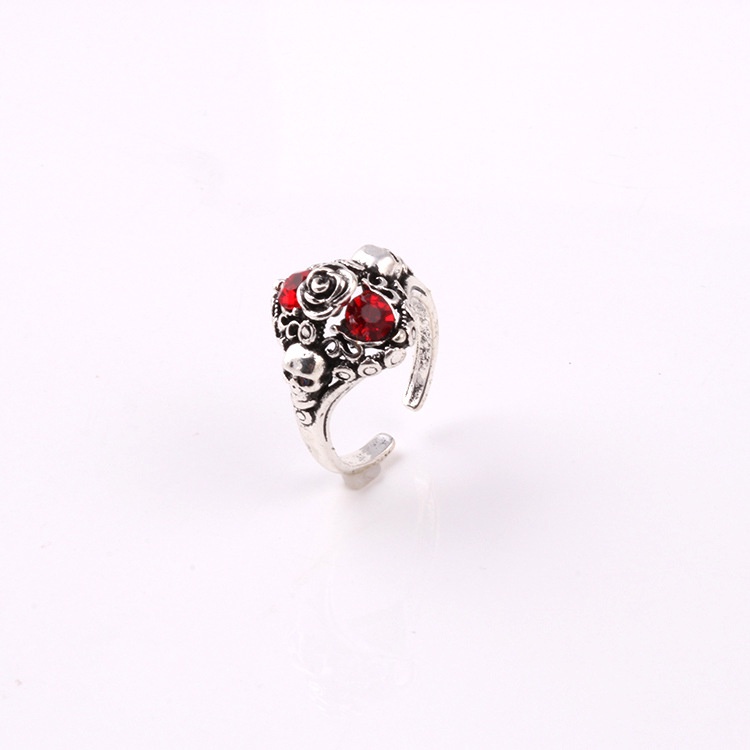 Cincin Desain Mawar Tengkorak Aksen Zirkon Merah Gaya punk hipster Eropa Amerika