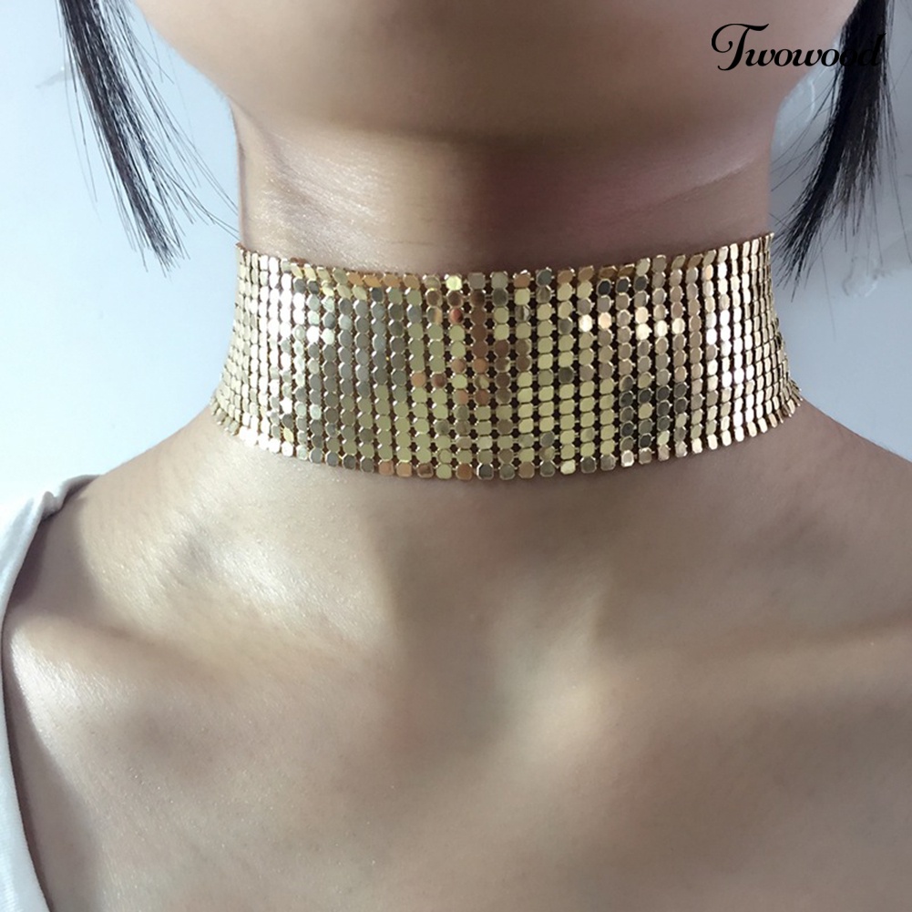 Kalung Choker Model Lebar Bahan Mesh Aksen Payet Gaya Punk Untuk Wanita