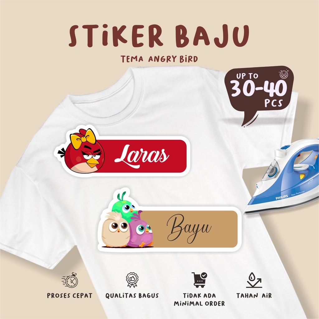 

30-40pcs) Stiker Kain Label Baju Nama Anak tema ANGRY BIRDS / Sablon Setrika Name /Label Sticker Iron on sticker a/