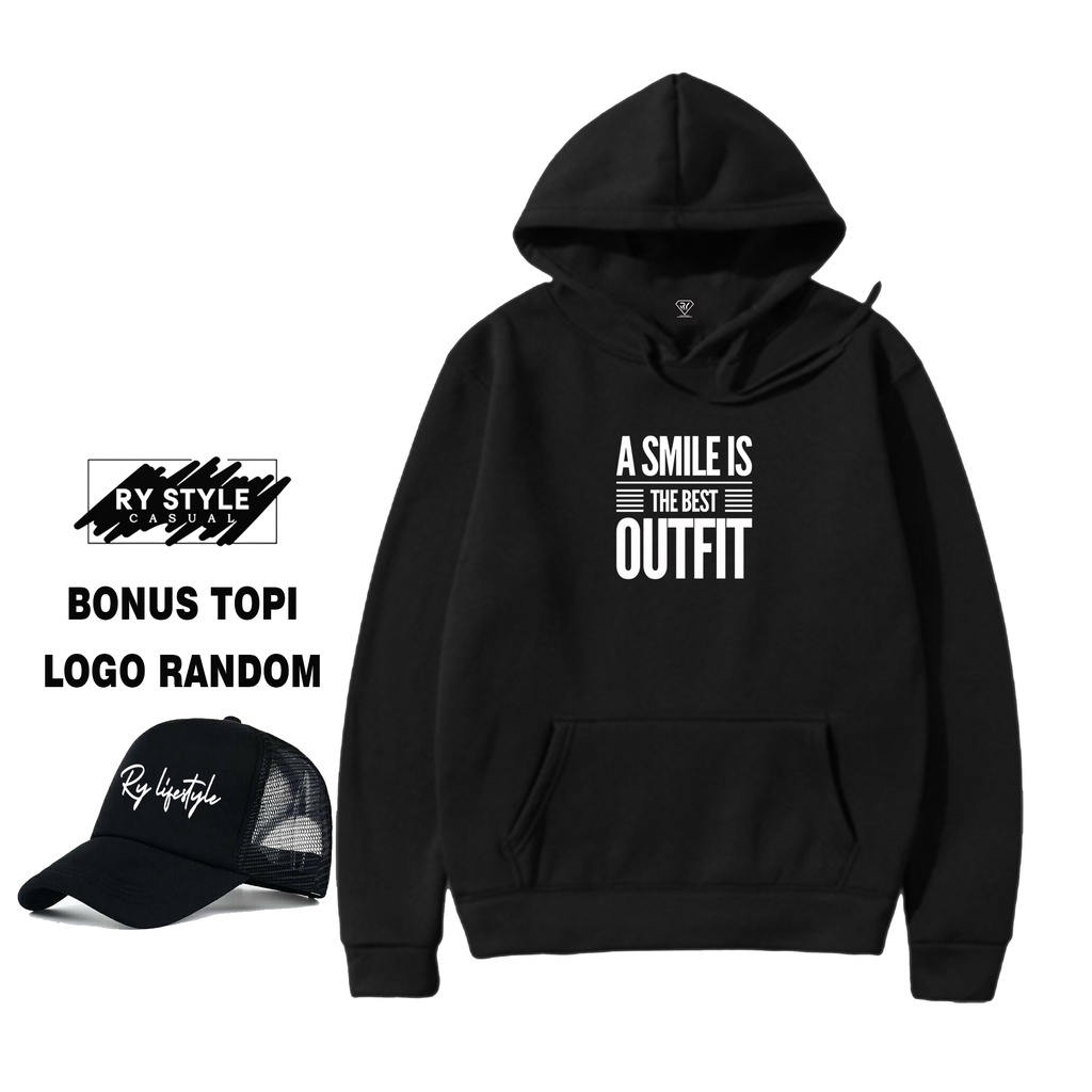 Ry Style - Jaket Hoodie A Smile Is the Best Outfit Motif Putih + Topi Random  - Bonus Topi Ry - Hood