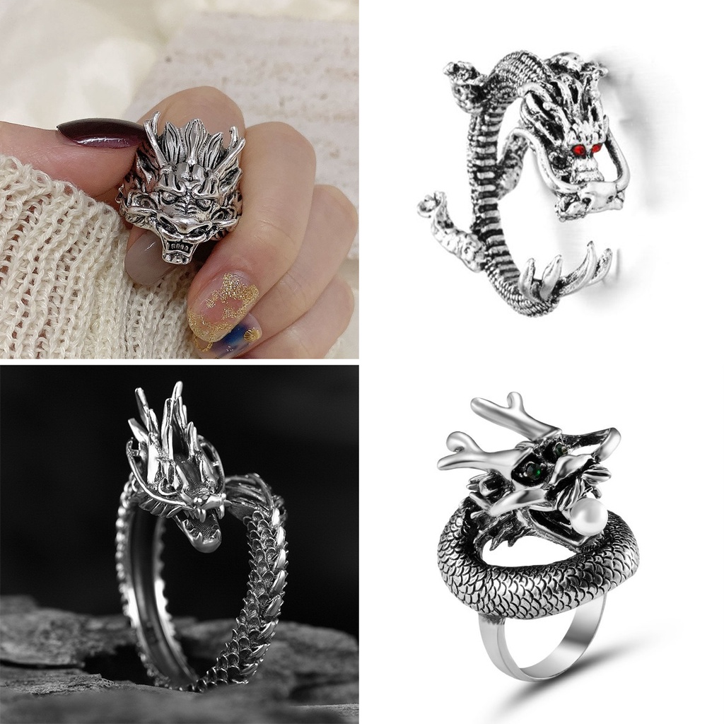 Cincin Model Terbuka Desain Kepala Naga Butterfly Owl Wings Irregular Warna silver Gaya Vintage Untuk Pria