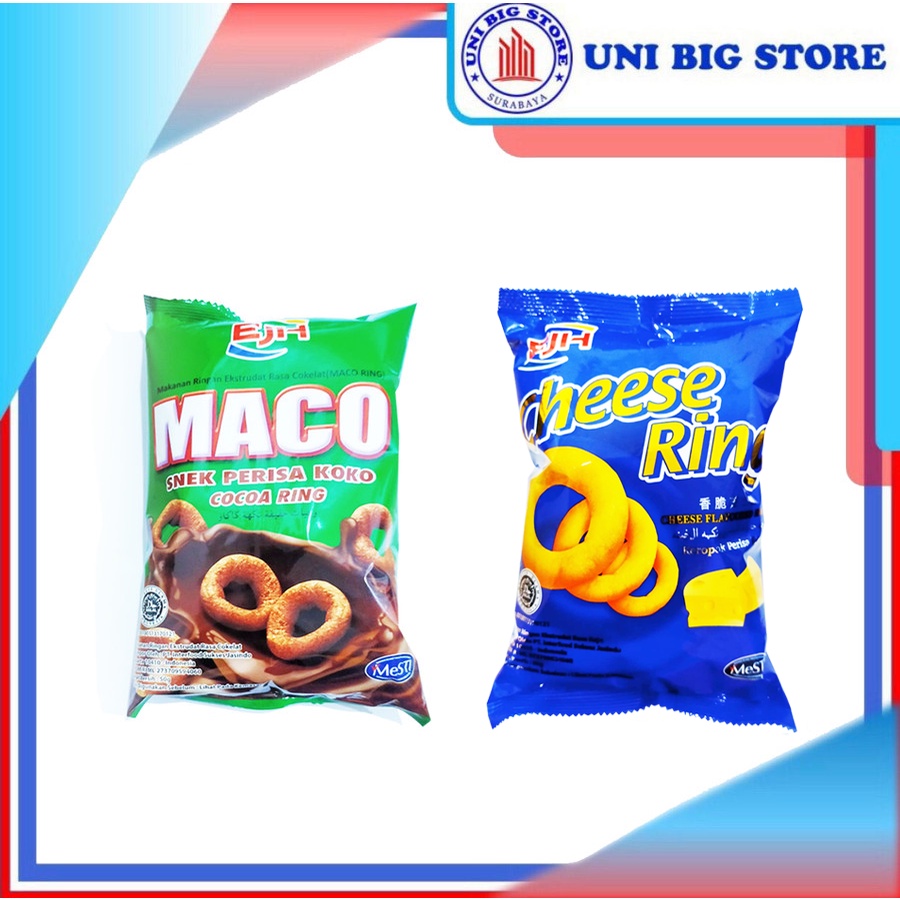 

EJH Maco Snack Cocoa Cheese Ring Hot Spicy Drumstick Green Peas 50 gr