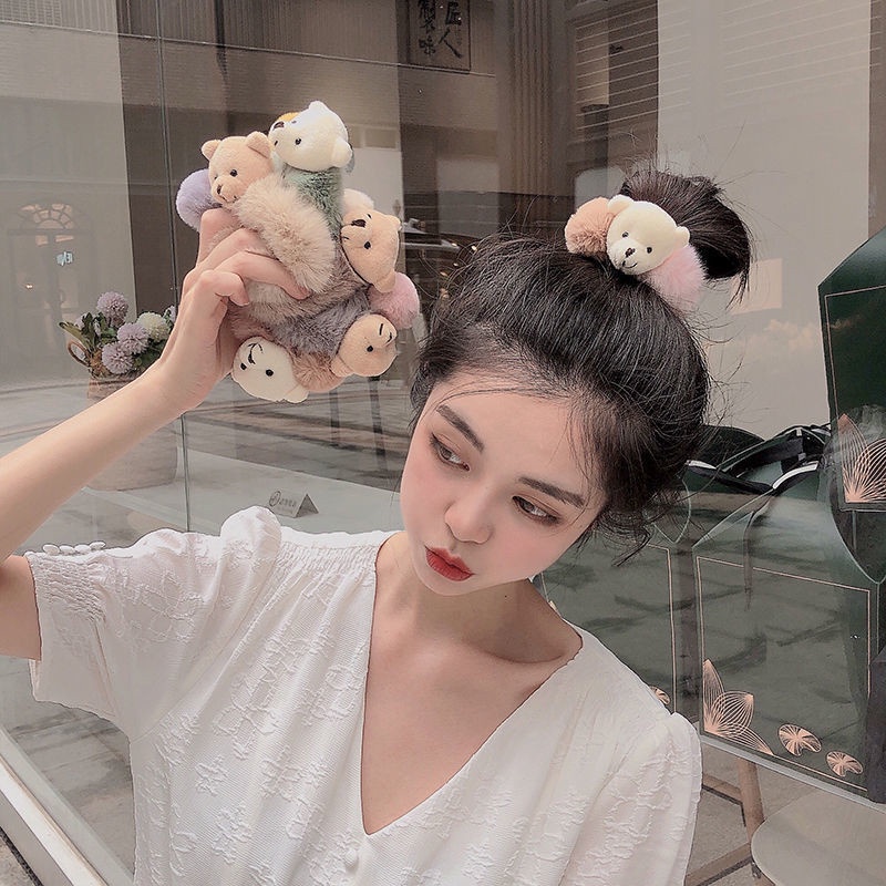 Ikat Rambut Scrunchie Bulu Lembut Tebal Model Kepala Beruang Teddy Bear untuk Wanita Anak Dewasa KCR 03