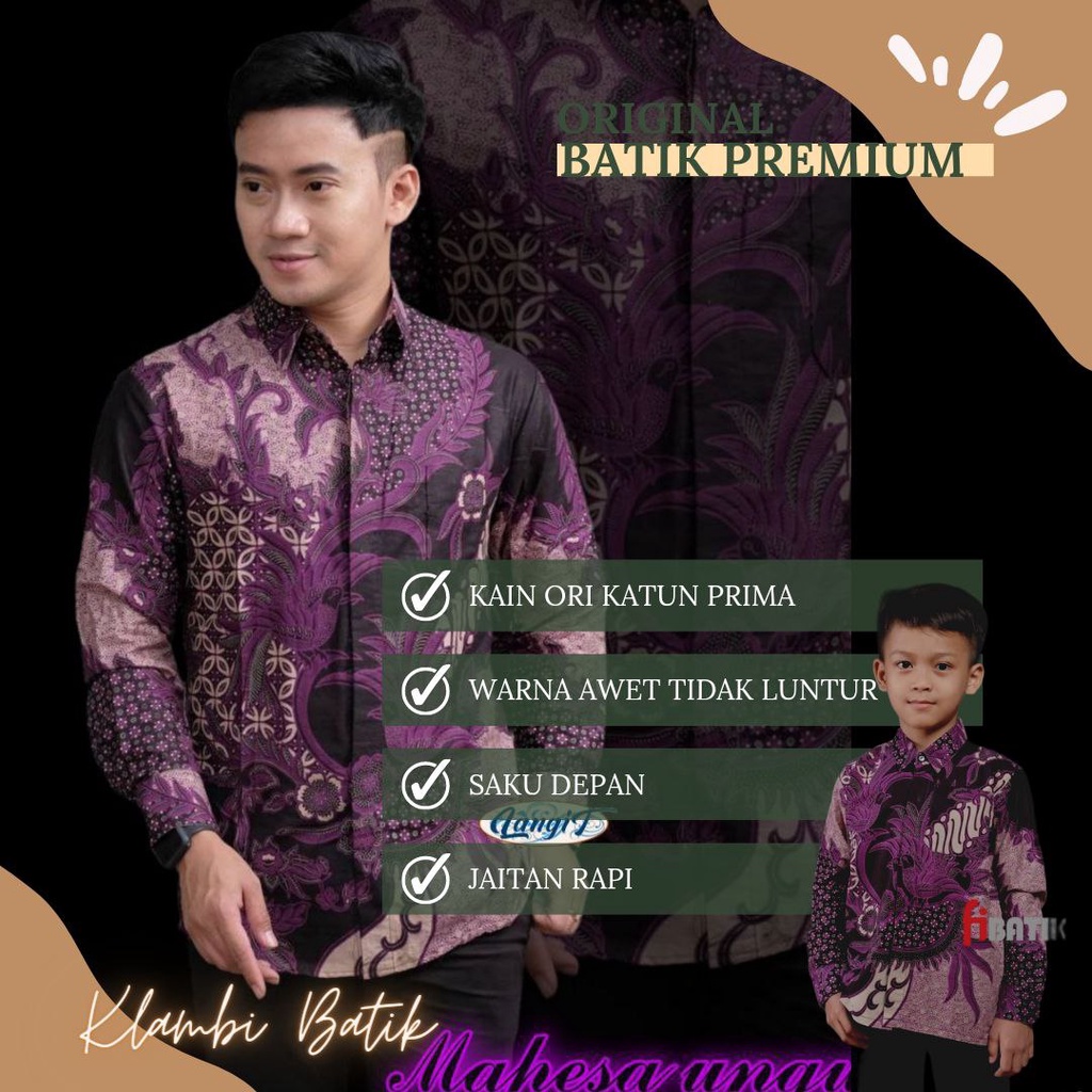 Kemeja Batik Anak Laki-laki Couple Batik Ayah Anak Lengan Panjang Warna Ungu Motif Mahesa