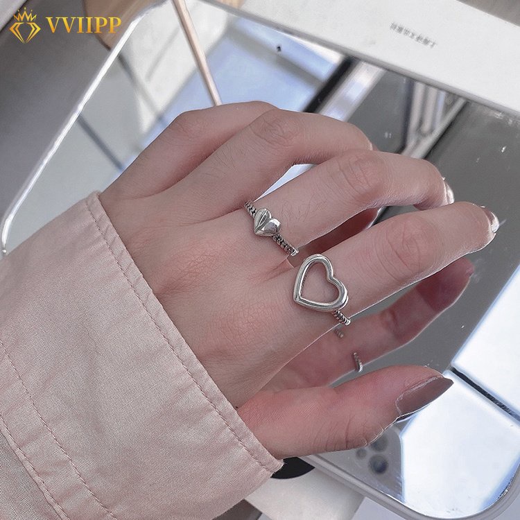 2pcs / set Cincin Model Terbuka Adjustable Desain Hati Warna Silver Untuk Wanita