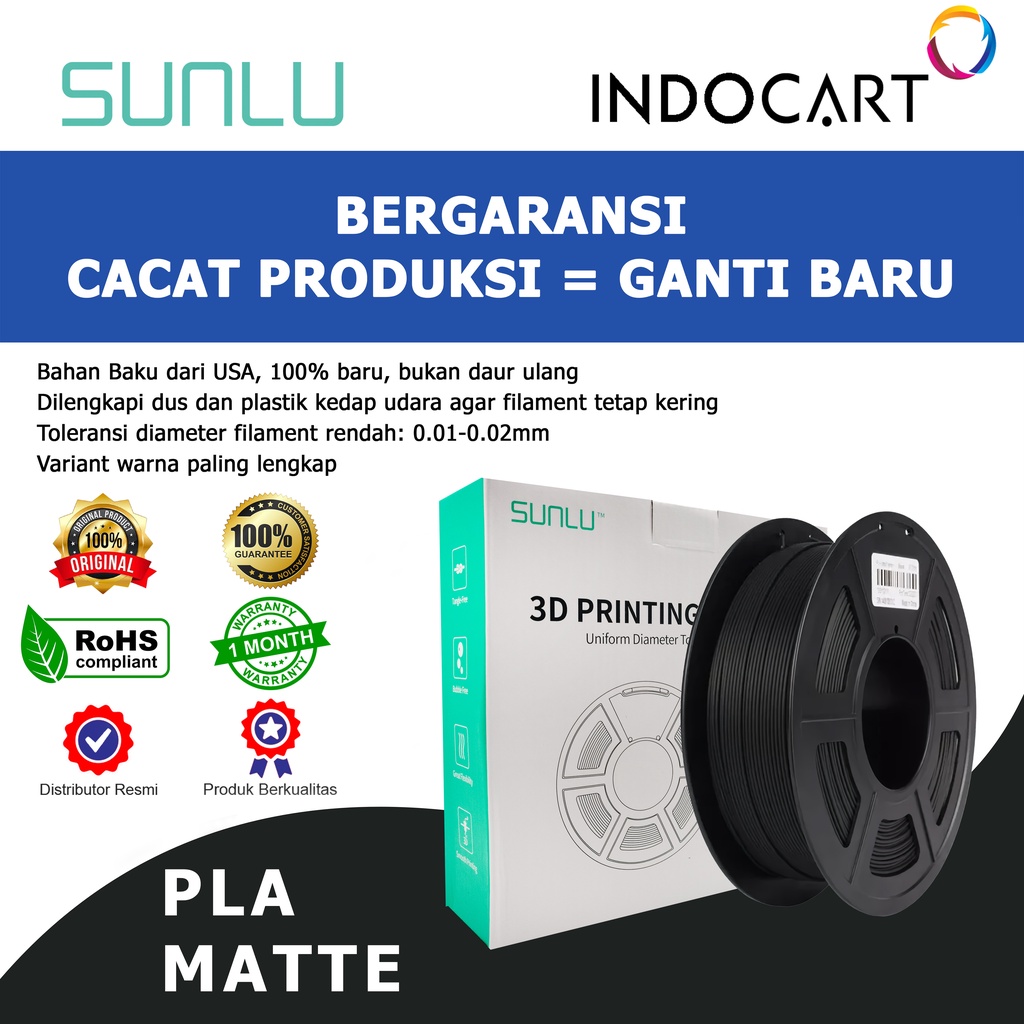 INDOCART Tinta Filamen 3D Printer Filament SUNLU PLA Matte 1.75mm 1kg