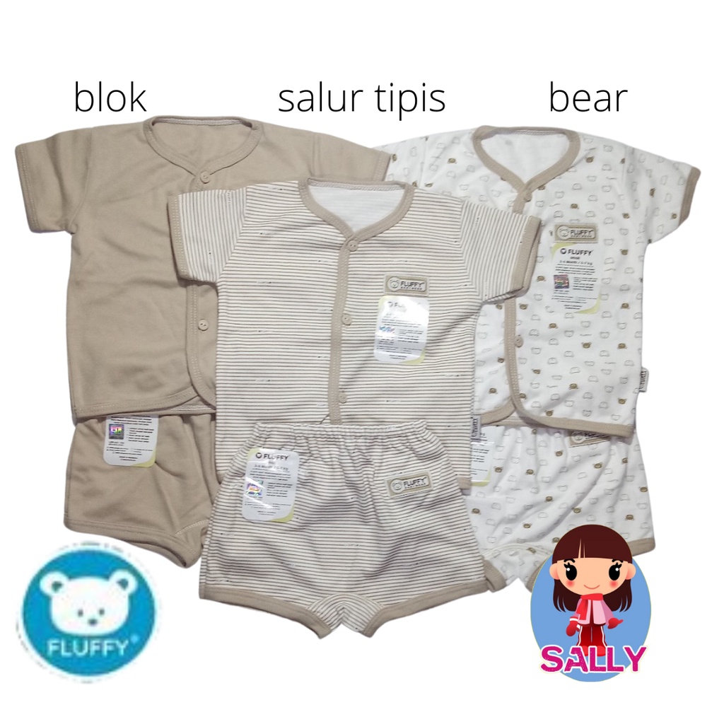 Fluffy S - 3 Setel Baju Kancing Depan Celana Pendek Bayi 3-6 bulan Mix Motif Khaki / Abu / Pink Seri