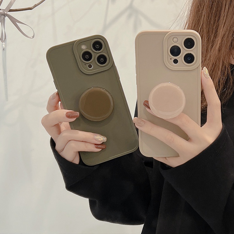 IPHONE Soft Case Pelindung Kamera Warna Murni IP Iphone7 8 14 Plus 7+ 8+ X XR SE 2020 XS Max 11 12 13 14 Pro Max Sarung Handphone mini Dengan Popsocket Phone Holder Bumper Tahan Shock