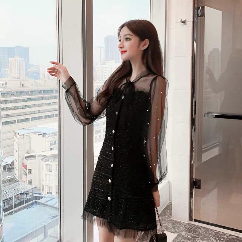 blairs - dress tweed wanita cewek hitam furing sifon transparan rok skirt mini midi maxi dress see t