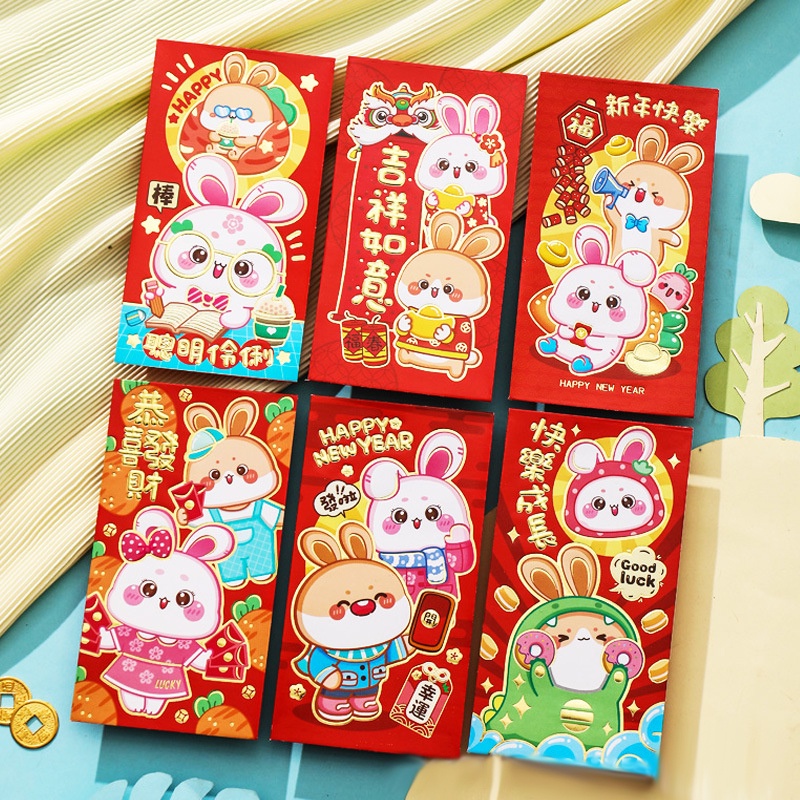 6pcs Amplop Angpao Tahun Baru Cina / Imlek Desain Kartun Kelinci Warna Merah Tipe 3 / 2023