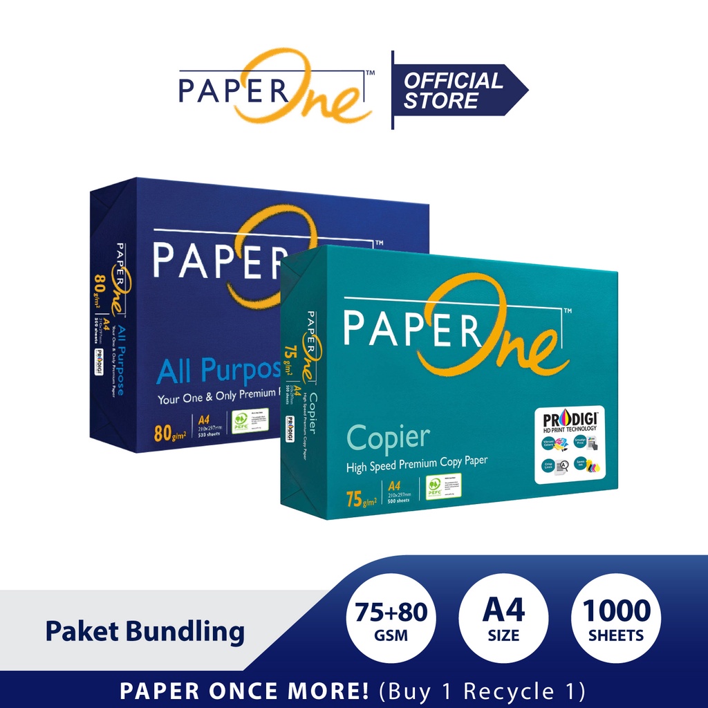 

PaperOne Kertas A4 75 + 80 gr 2 Rim (1000 lembar) Kertas HVS Paket Bundling