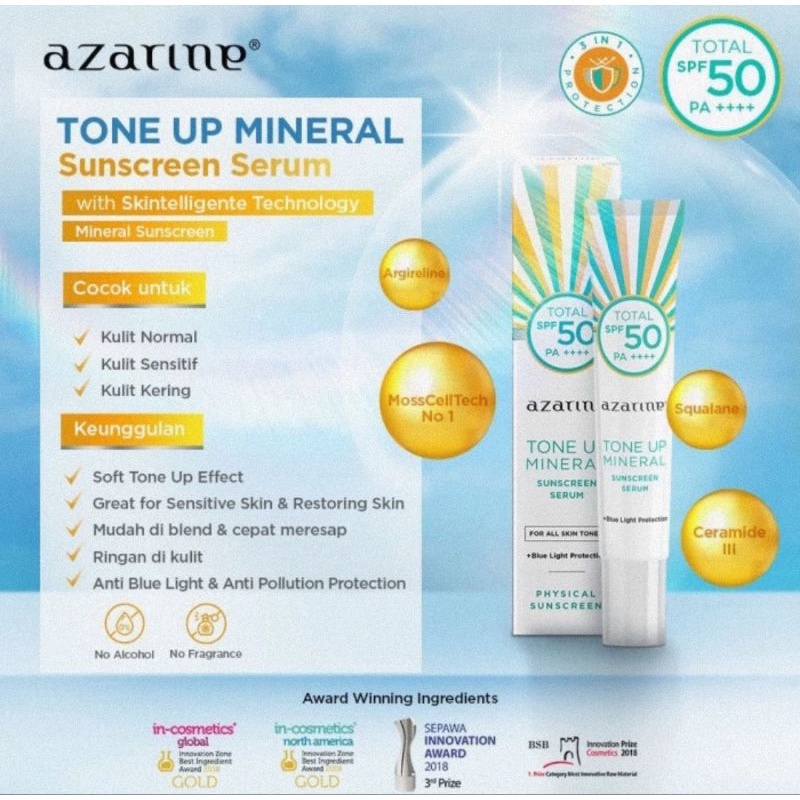 Azarine Tone Up Mineral Sunscreen Serum SPF50 PA++++ Ukuran 27 ml