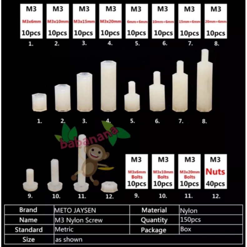 120pcs White Nylon M2 Hex Screw Standoff Spacer set baut mur kit