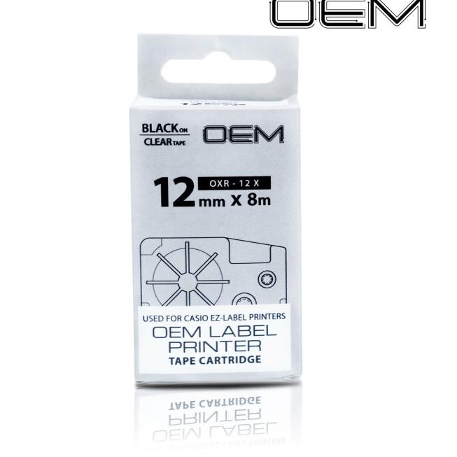 OEM TAPE EZ LABEL CASIO 12MM BLACK INK CLEAR (OXR-12X)
