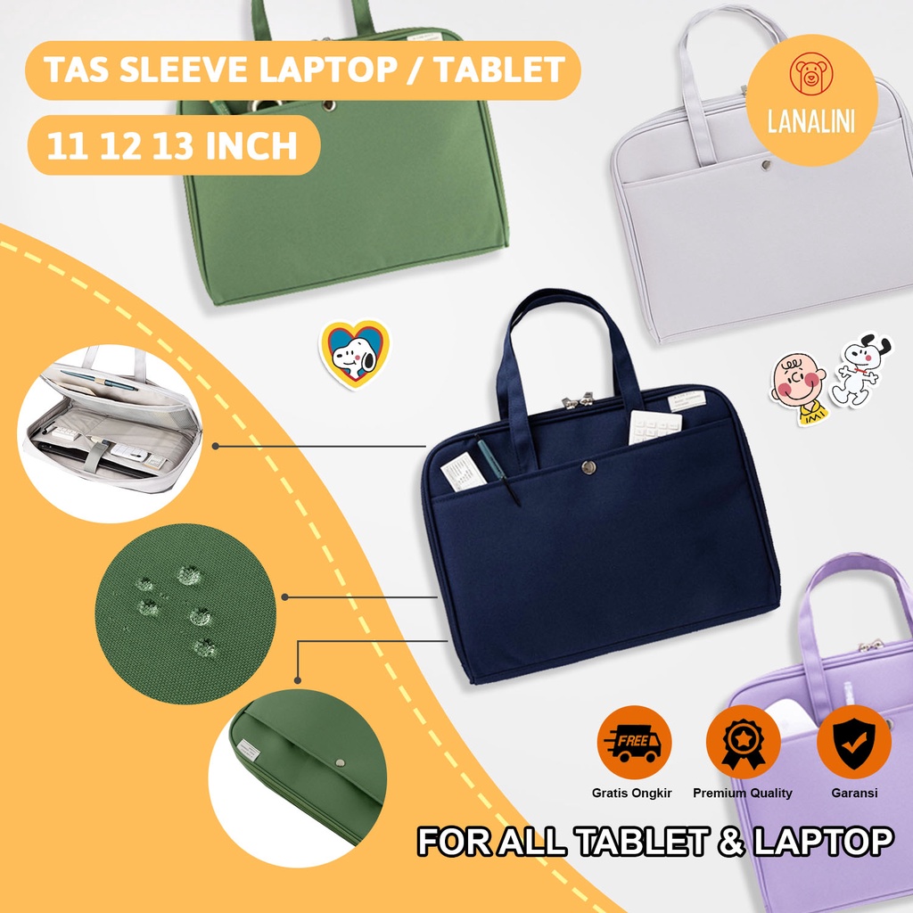 Sleeve Pouch Sarung Tas Bag Case Ipad Tab Tablet Macbook Air Pro Laptop Asus Acer Lenovo HP Huawei 11 12 13 14 15 inch Tali Jinjing Motif Gambar Polos Warna Ungu Light Grey Hijau Army Biru Navy Cute Murah Korean Model Banyak Ruang Slot Stationary