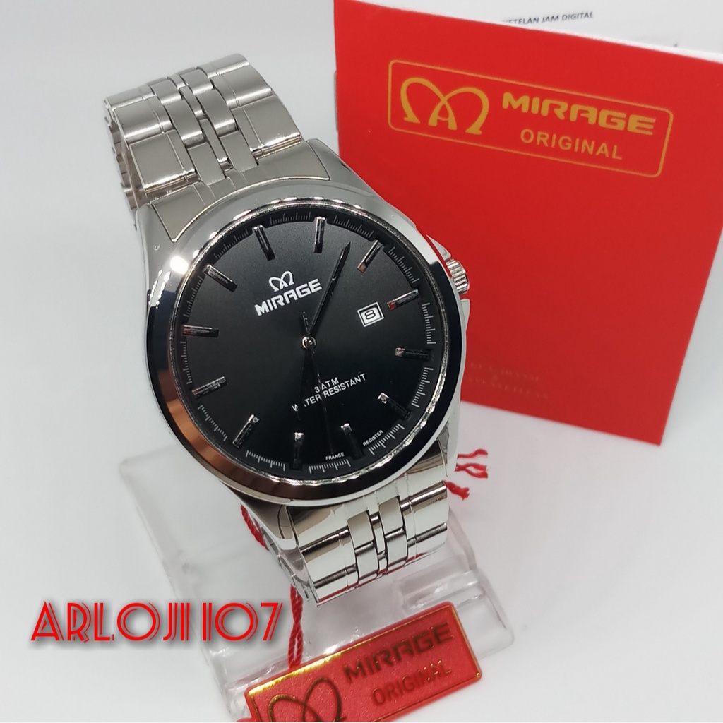 JAM TANGAN MIRAGE PRIA 8709 BRP-M SILVER PLAT HITAM ORIGINAL