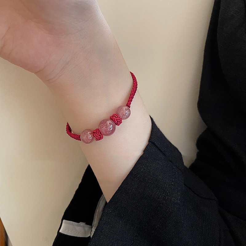 Gelang Tali Kepang Dengan Charm Bunga Kristal Strawberry Untuk Wanita