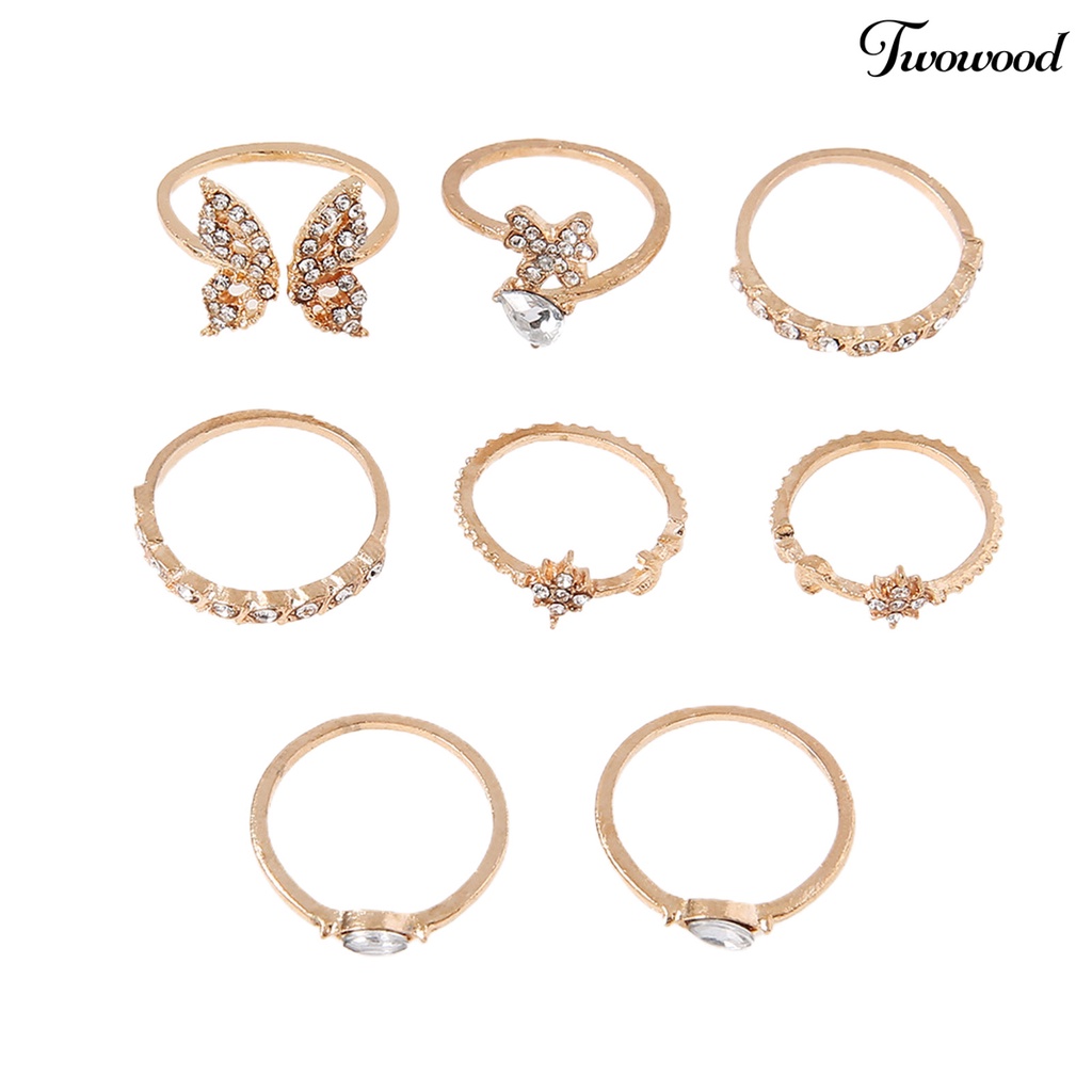 8pcs Cincin Knuckle Desain Kupu-Kupu Bunga Aksen Berlian Imitasi Untuk Wanita Element