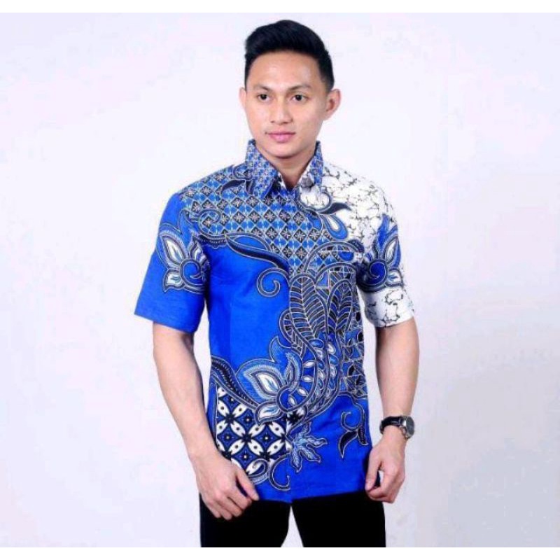 BSWART Batik HRB026 kenongo Hem Pendek anjani biru Pekalongan M L XL Batik Pria MURAH Modern Grosir