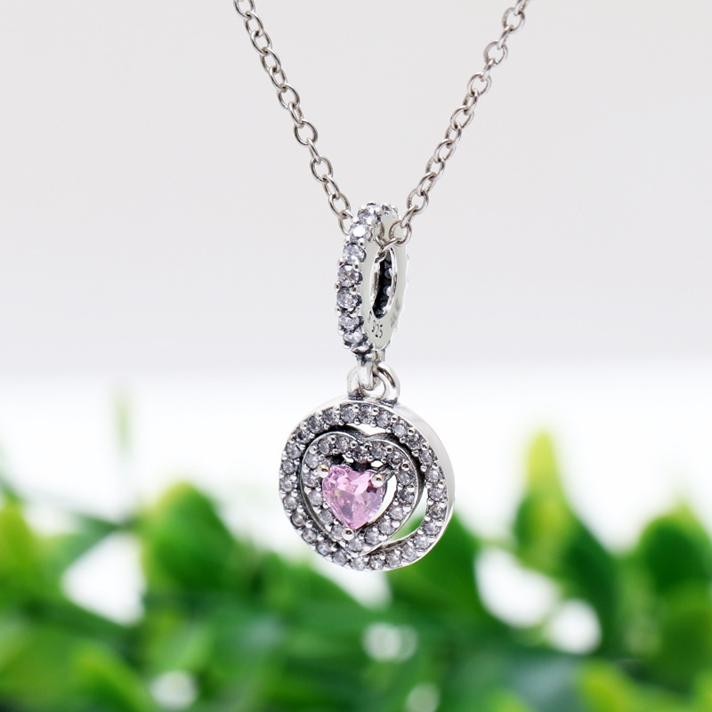 Pandora Kalung 925 Silver Shining Double Ring Dengan Liontin Hati Aksen Kubik Zirkonia Pink Untuk Wanita