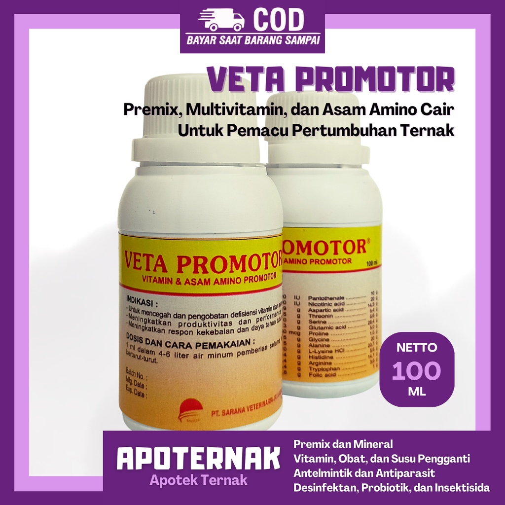 VETA PROMOTOR @100 mL | Premix Multivitamin dan Asam Amino Pemacu Pertumbuhan Ternak | SAVETA