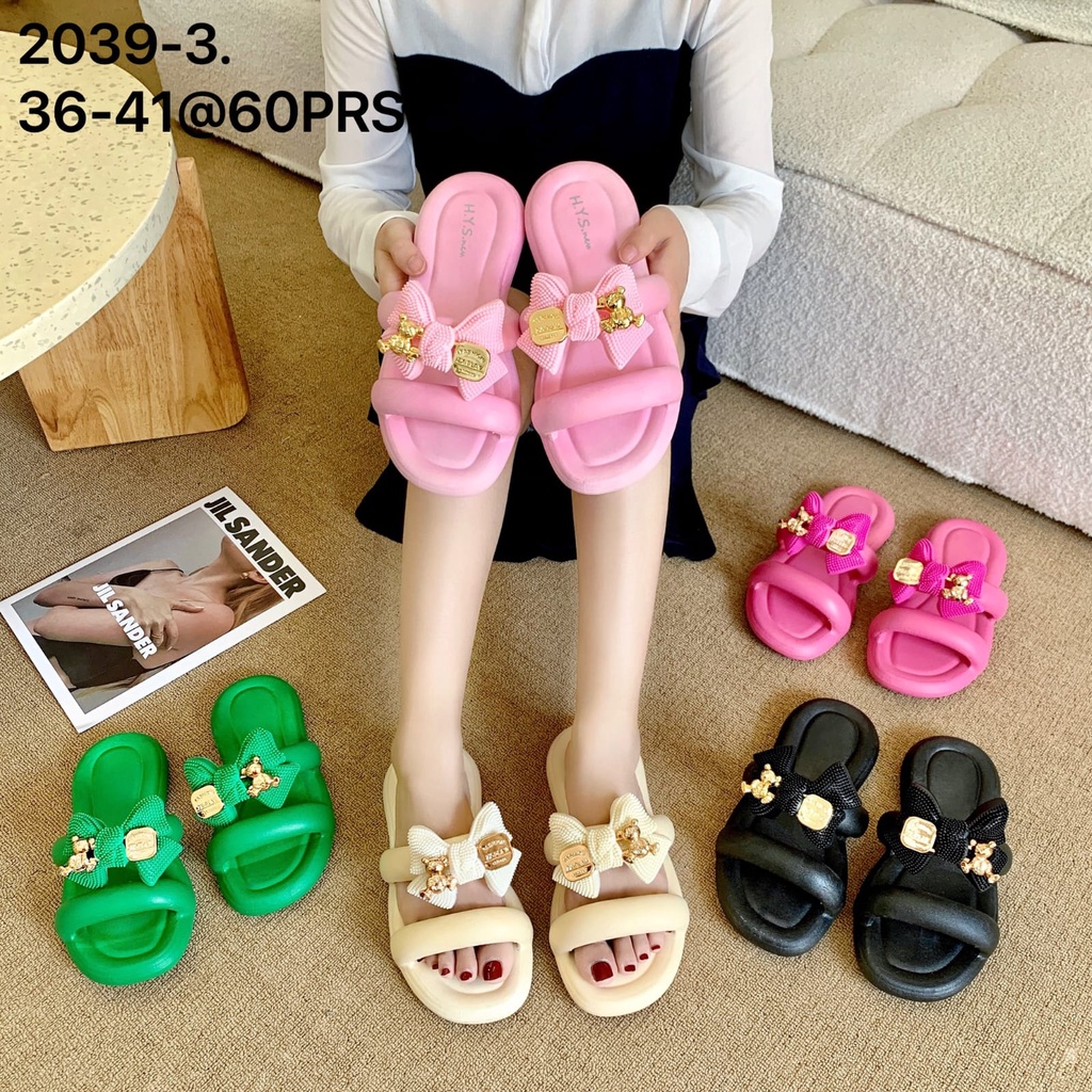 Sandal Slipper Wanita Import PCU Jelly Non-Slip Karet Empuk Model Ban 2 Dengan Variasi Pita Boneka Gold Balance 2039-3