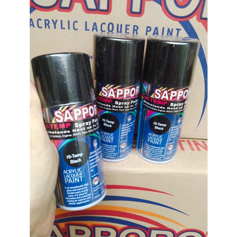 saporo acrylic lacquer paint pilok pilox cat spray sapporo 150ml hi temp black tahan panas hitam anti panas hitam pilok knalpot blok mesin 150ml