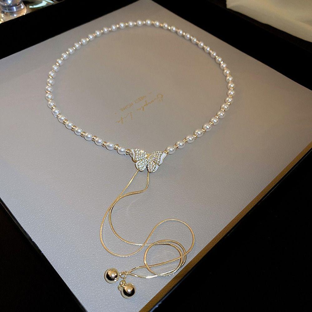 Mxbeauty Wanita Kalung Elegan Indah Halus Mutiara Gadis Hadiah Kupu-Kupu Niche Desain Adjustable Perempuan Klavikula Rantai