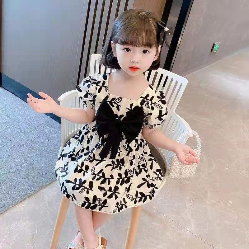 DRESS bunga anak cewek, DRESS IMPOR, HARGA MURAH DAN HARGA GROSIR. motif daun hitam putih, dress jalan-jalan, dress pesta