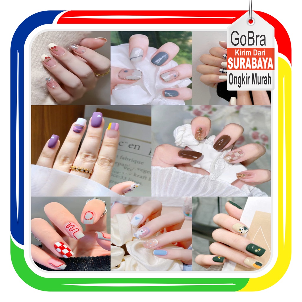 Gobra ♕ AW001 Kuku Palsu 24 Pcs Free Lem Cair Matte Glossy Motif Cute Dan Lem Kuku Nail Art Kotak