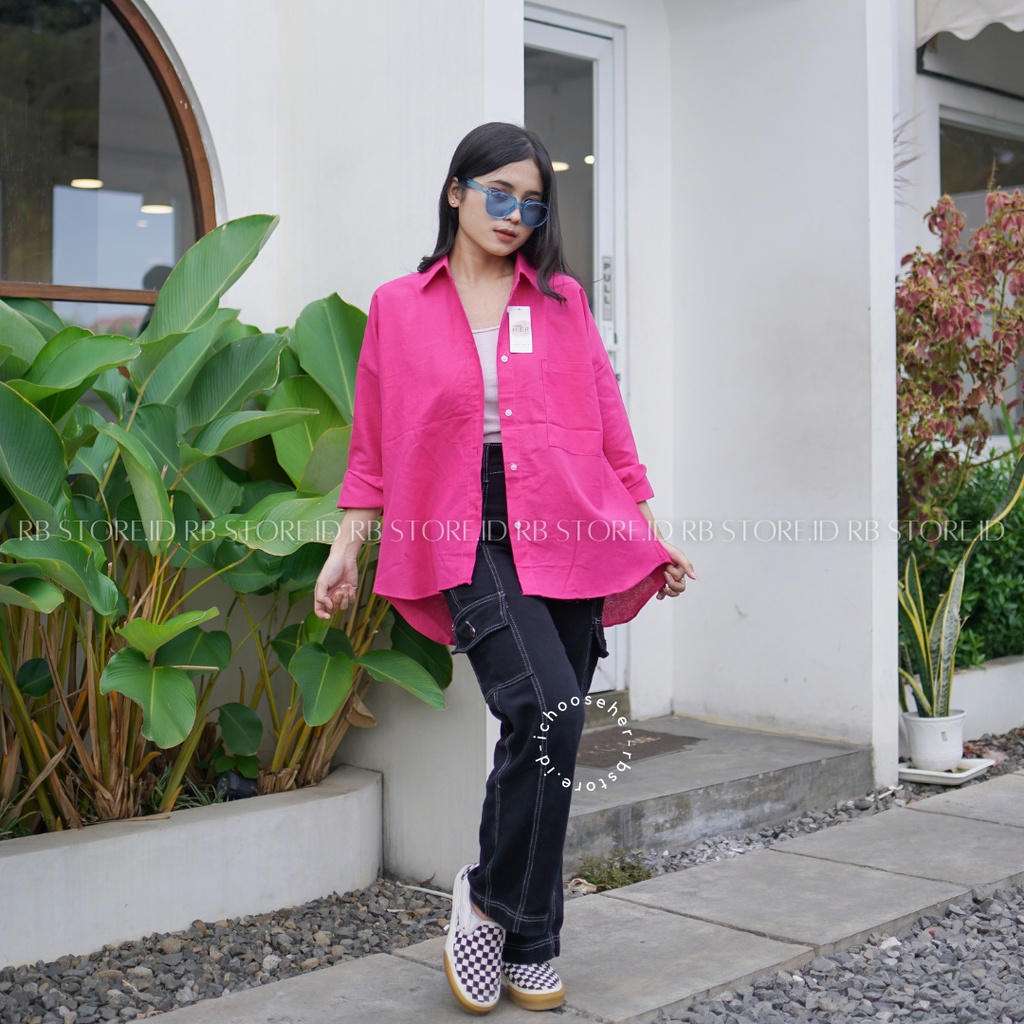 Kemeja Wanita Linen Oversize Olivia Shirt Linen Pocket-OLIVIA FUCHSIA