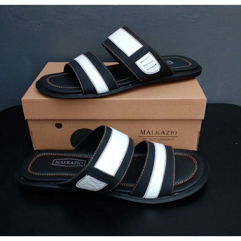 Sandal KULIT MLK-17Black Ukuran Besar 43-48 Sendal Slide JUMBO Kasual Kaki Gemuk Lebar BIG size, 44