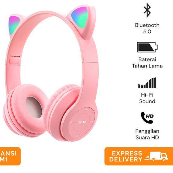 TACOO XY-205 Cat Ear Wireless Bluetooth Headset Pink/Black - Merah Muda