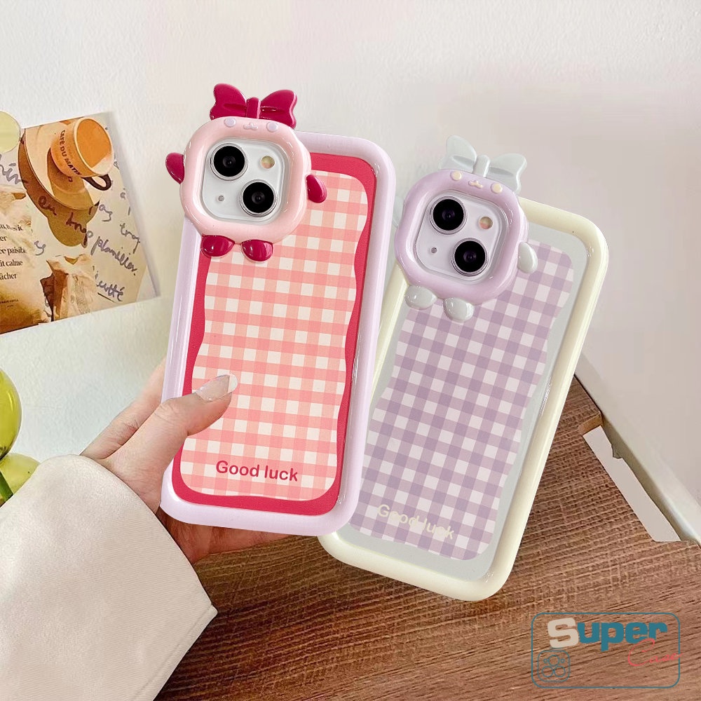 Phone Case Compatible For iPhone 11 XR 7plus 7 8 6 6S 14 Plus 14 13 12 Pro Max X XS MAX SE Cute Ins Colorful Lattice Cartoon 3D Bow-knot Little Monster Lens Soft Back Cover