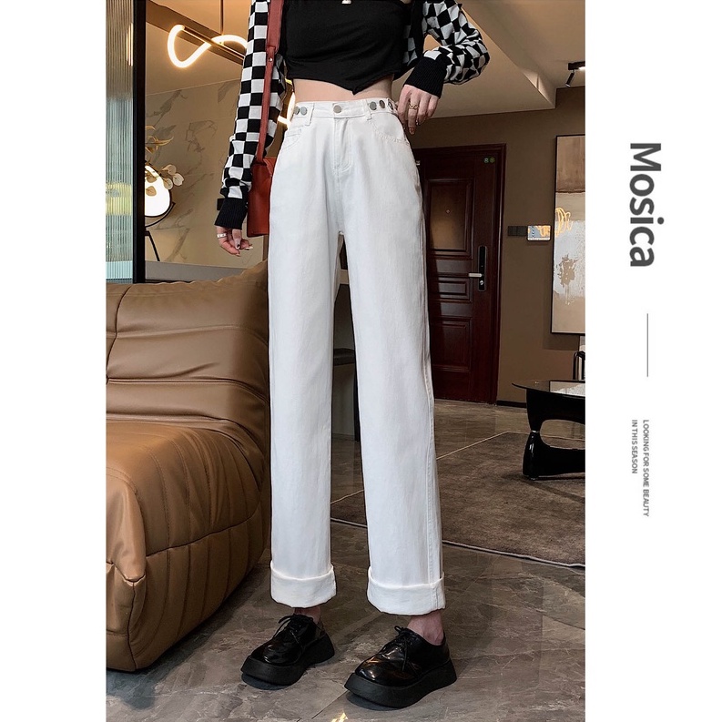 Putih/Hitam highwaist straight loose Kasual Jeans Wanita（Pinggang bisa penyesuaian）【THE GOOD SISTERS】