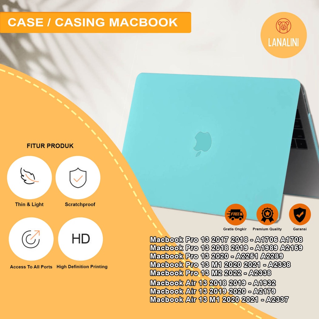 Case Casing Protective Pelindung Aksesoris Hardcase Hard Case Laptop Macbook Air Pro 13 M1 M2 2017 2018 2019 2020 2021 A1932 A2179 A2337 A1706 A1708 A1989 A2159 A2251 A2289 A2338 Gambar Motif Polos Warna Pastel Biru Soft Blue Logo Tutup Murah