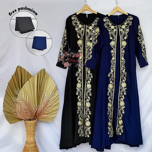 Abaya Hitam Navy Gamis Arab Turkey Layer Bordir Dress Arab Gamis Maxi Dress Free Pashmina Bahan Balotelli Full Bordir