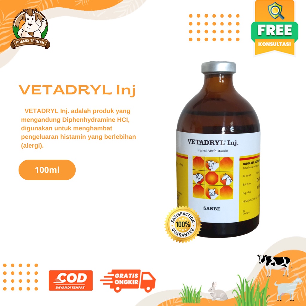 VETADRYL INJ 100ML - Antihistamin Hewan Sapi Kuda dll SANBE