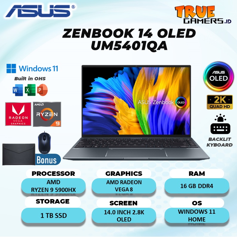 LAPTOP ASUS ZENBOOK 14 OLED UM5401QA TOUCH-RYZEN 9 5900HX RAM 16GB 1TBSSD 14.0 2.8K